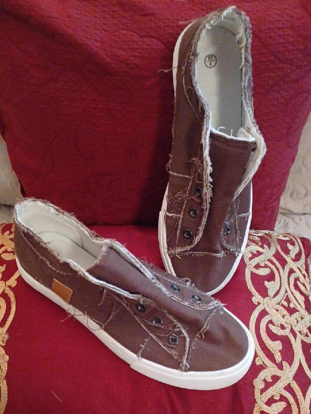 Brown Slip-On Distressed Canvas Sneakers - Casual Women's Shoes